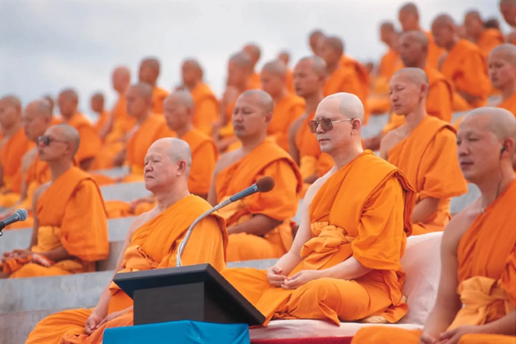 Mass meditation event with monks at Wat Phra Dhammakaya